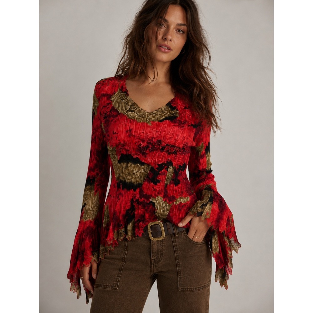 Red Tan Black Abstract Crinkle Asymmetrical Top L Y2K Fairy Grunge Boho Artsy